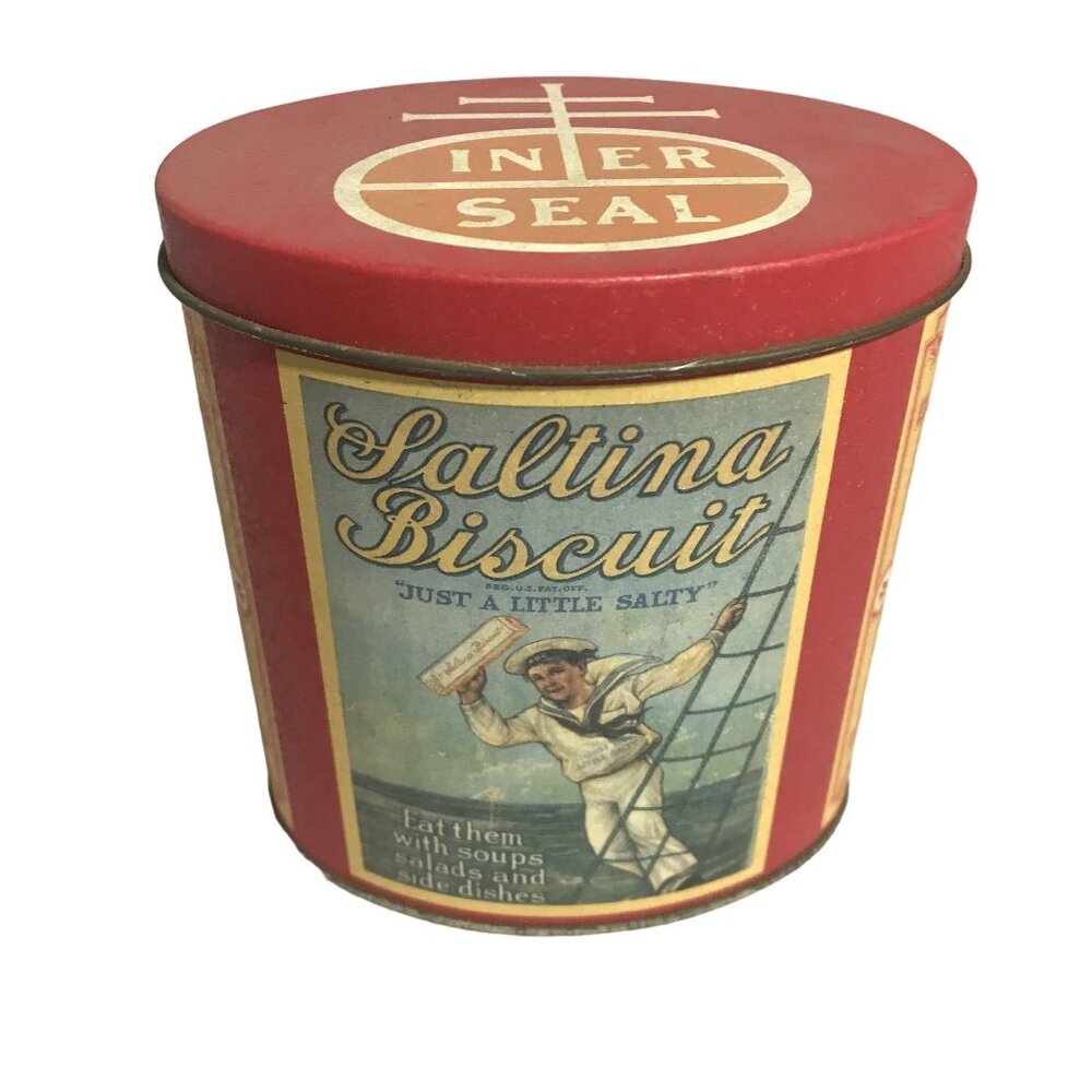 Nabisco Tin Saltina Biscuit Sailor Boy Red Blue 1992 Hong Kong Collectible 4.75"
